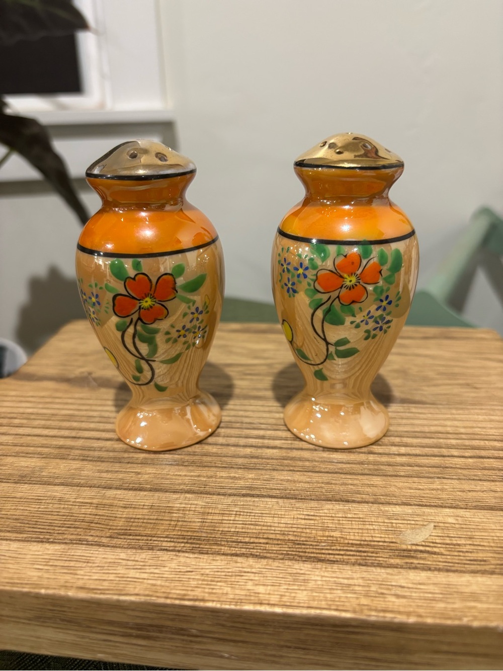 Hand-Painted Orange Floral Ceramic Salt and Pepper Shakers - Set of 2